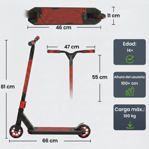 Scooter Acrobático, Scooter Freestyle con Manillar 360°, Rodamientos ABEC-9, Ruedas de PU de 120 mm, Marco de Aluminio Acero, Antideslizante, para Adolescentes, Adultos para Skatepark, Rojo