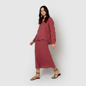 Falda midi evasé algodón lino malva/rosa