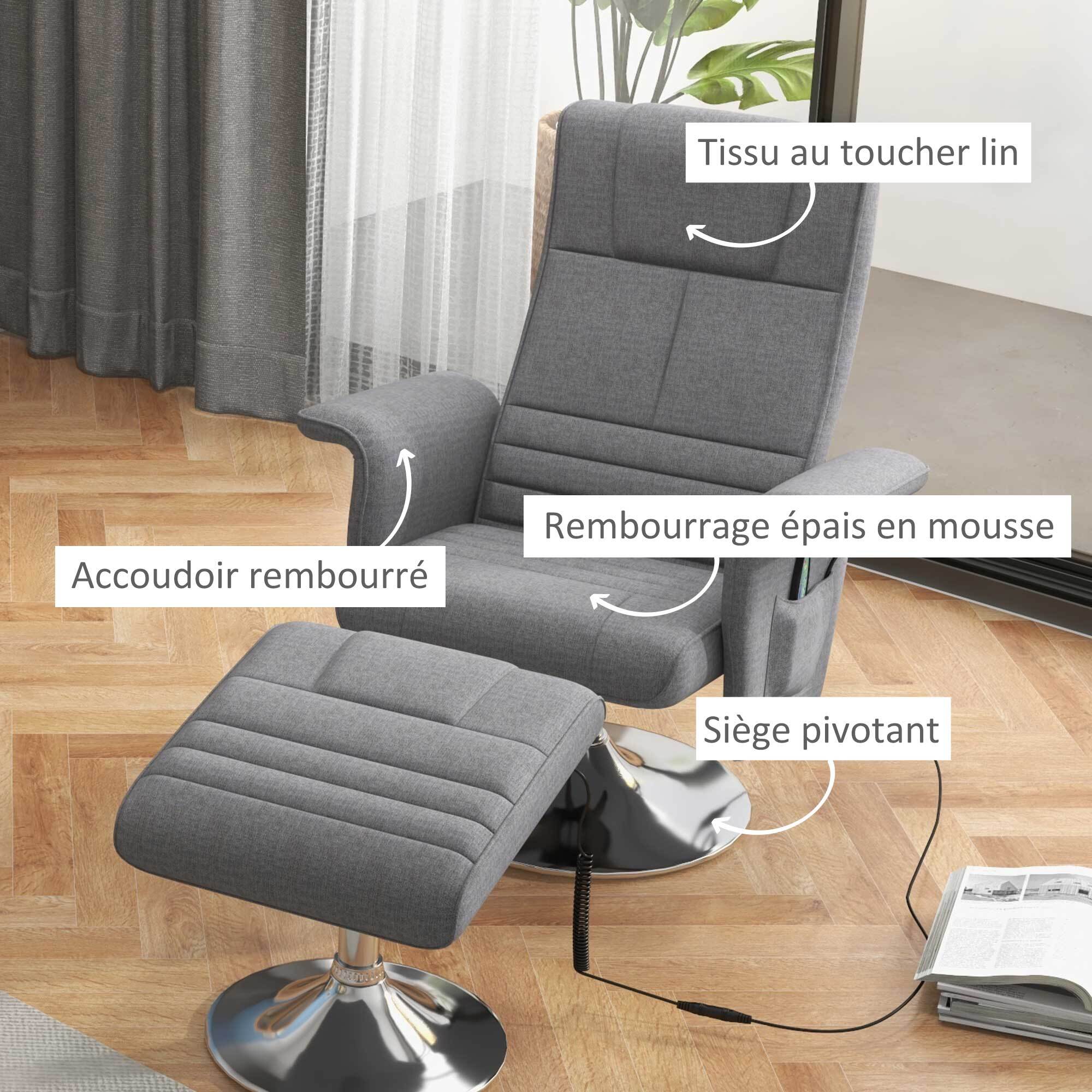 Fauteuil relax massant inclinable réglable avec repose-pied piètement acier chromé tissu gris