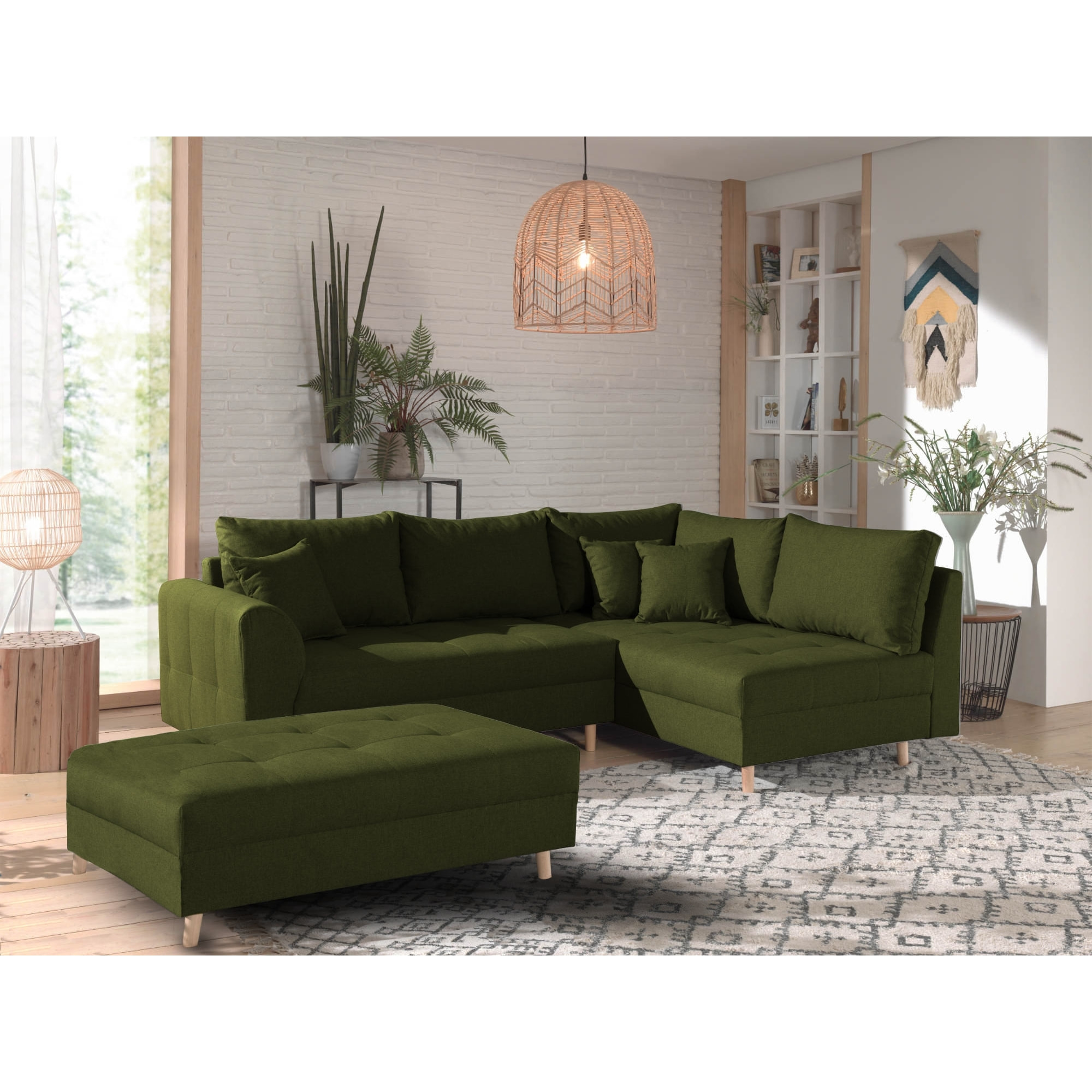 Rune - canapé d'angle - avec pouf d'appoint - 4 places - style scandinave - droit - Vert Olive