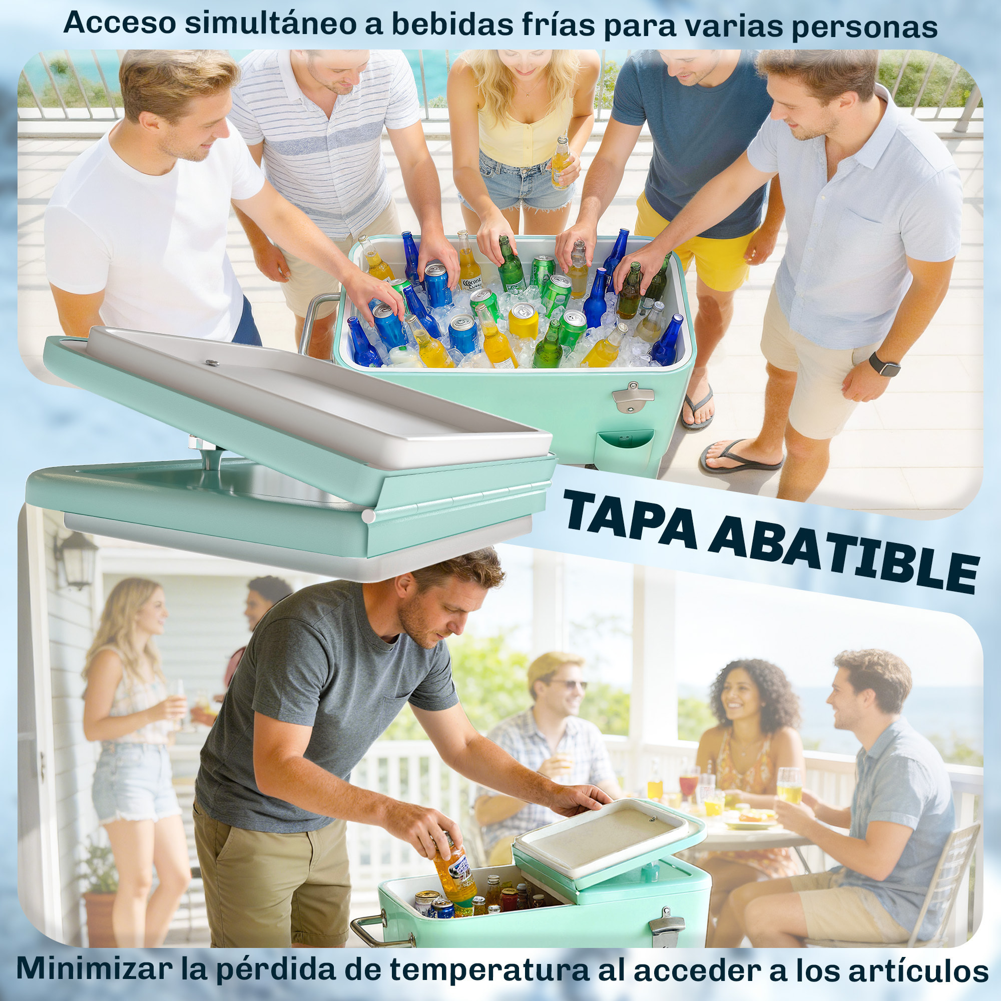 Carro de Bebidas Refrigerado 56L con Ruedas, Carro Nevera con Abrebotellas, Recogetapas y Asa, para Patio, Fiesta, Terraza, 75x35x78 cm, Verde Claro