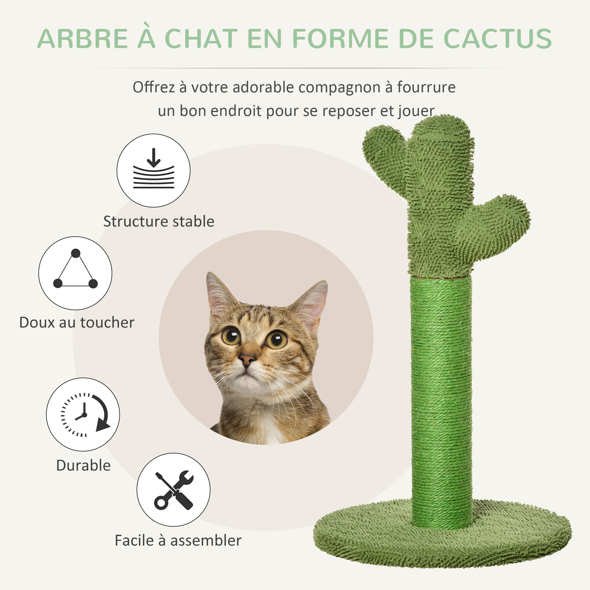 Griffoir chat design cactus H.65 cm sisal polyester vert