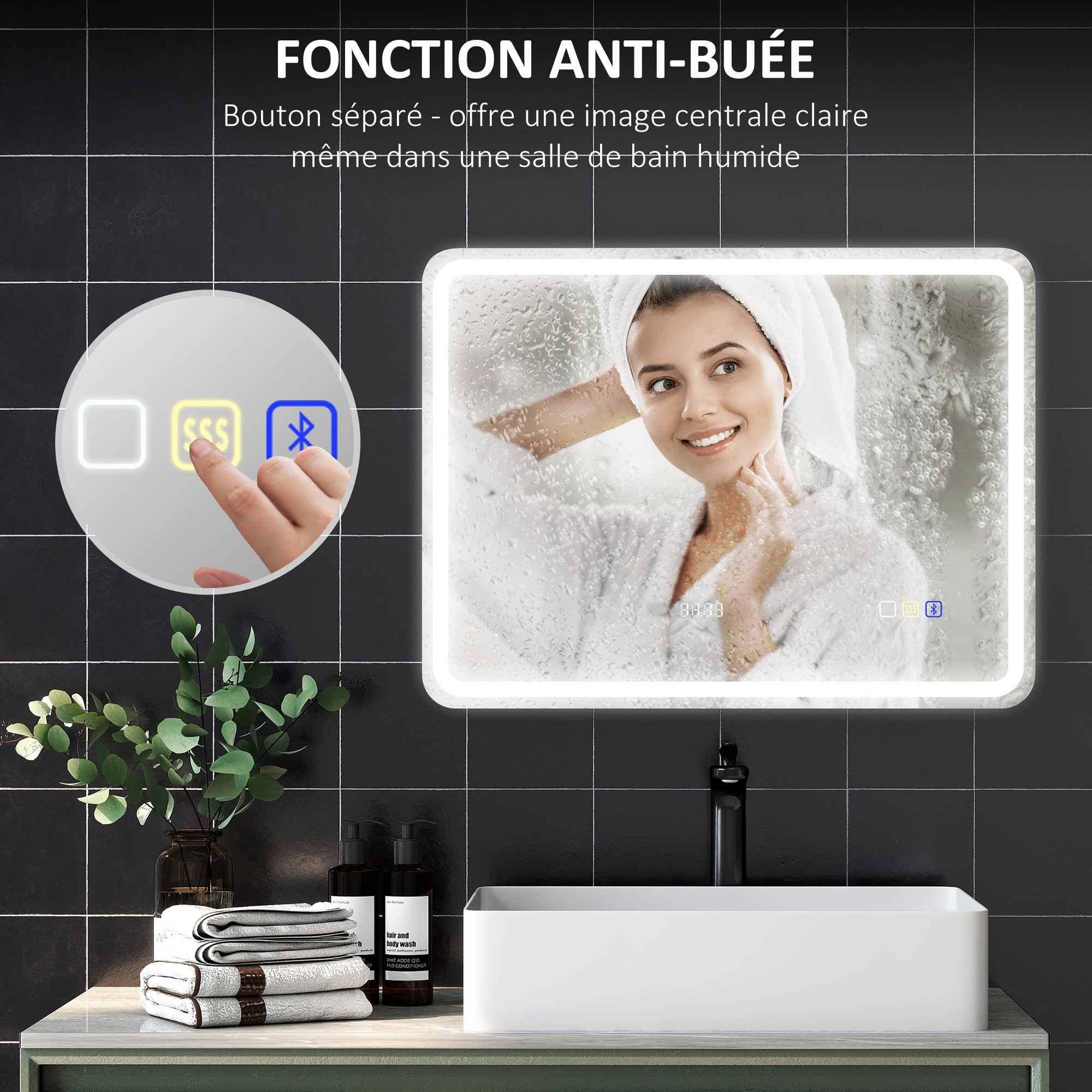 Miroir lumineux LED salle de bain Bluetooth 60x80cm - horloge numérique, antibuée, tactile, réglable - verre trempé 4 mm