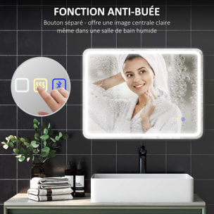 Miroir lumineux LED salle de bain Bluetooth 60x80cm - horloge numérique, antibuée, tactile, réglable - verre trempé 4 mm
