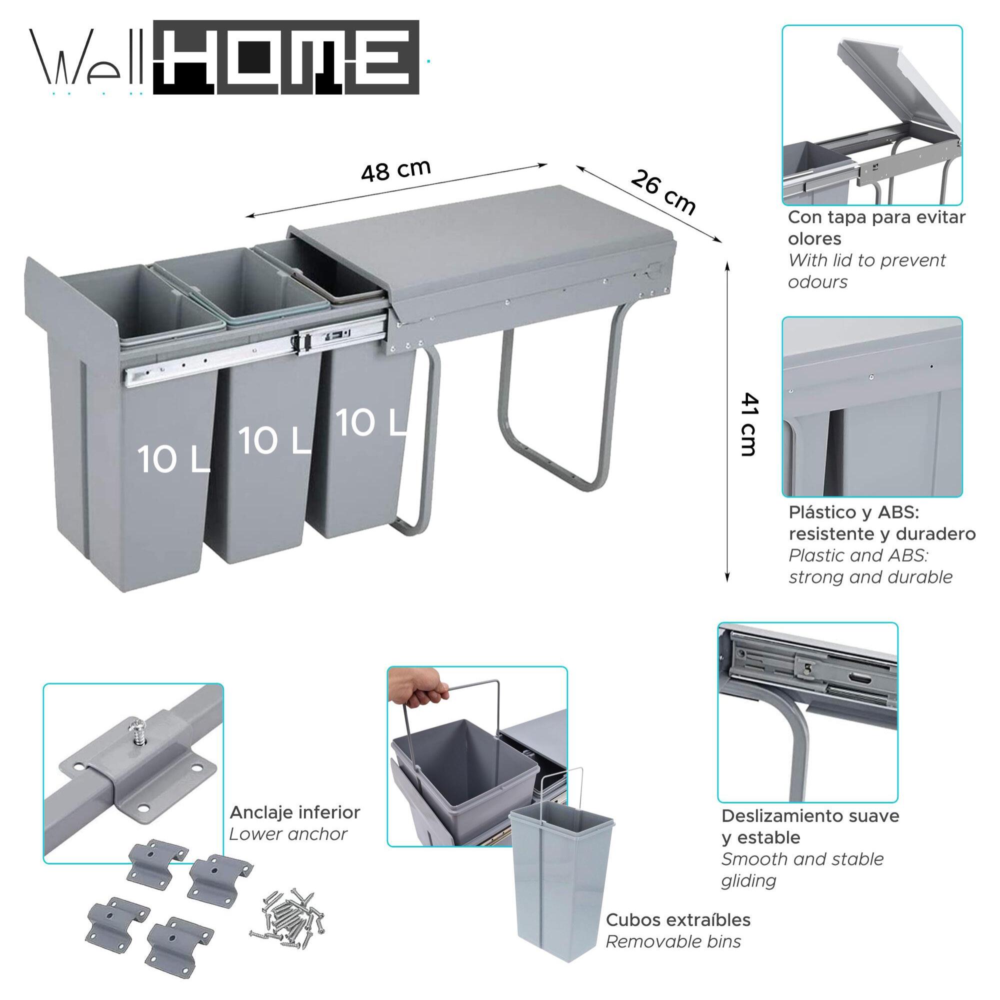 Contenedor de reciclaje para mueble de cocina, cubos de basura bajo fregadero, fijación inferior y extracción manual, cubos extraíbles, con tapa