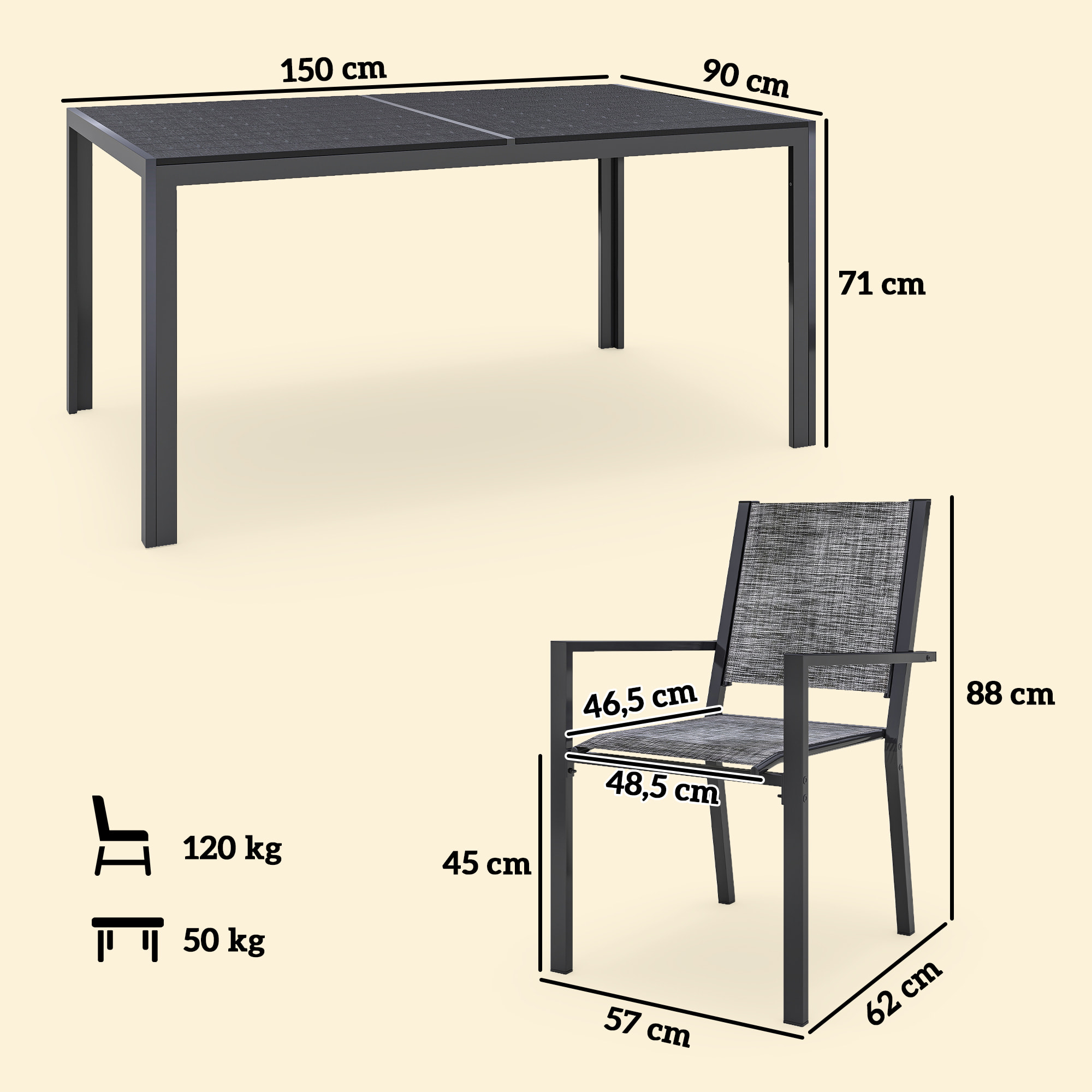 Ensemble salon de jardin 6 places 7 pièces - chaises empilables, plateau à lattes effet bois acier textilène noir chiné