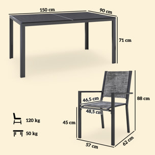 Ensemble salon de jardin 6 places 7 pièces - chaises empilables, plateau à lattes effet bois acier textilène noir chiné