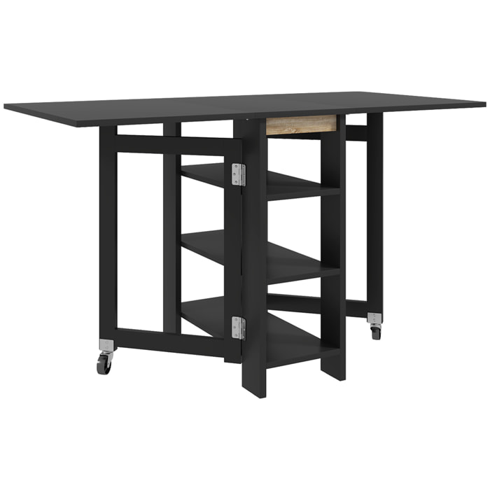 Table à manger pliable - roulettes, 2 abattants, 3 étagères - dim. 120L x 60l x 75H cm - noir