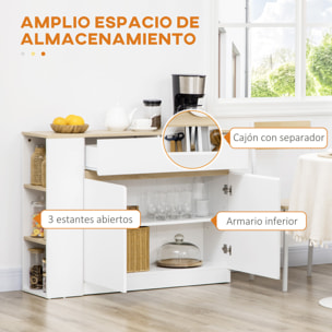 Aparador de Cocina Aparador Blanco con 2 Puertas Cajón y 3 Estantes Abiertos Armario de Almacenamiento para Salón Comedor 110x29,5x82 cm