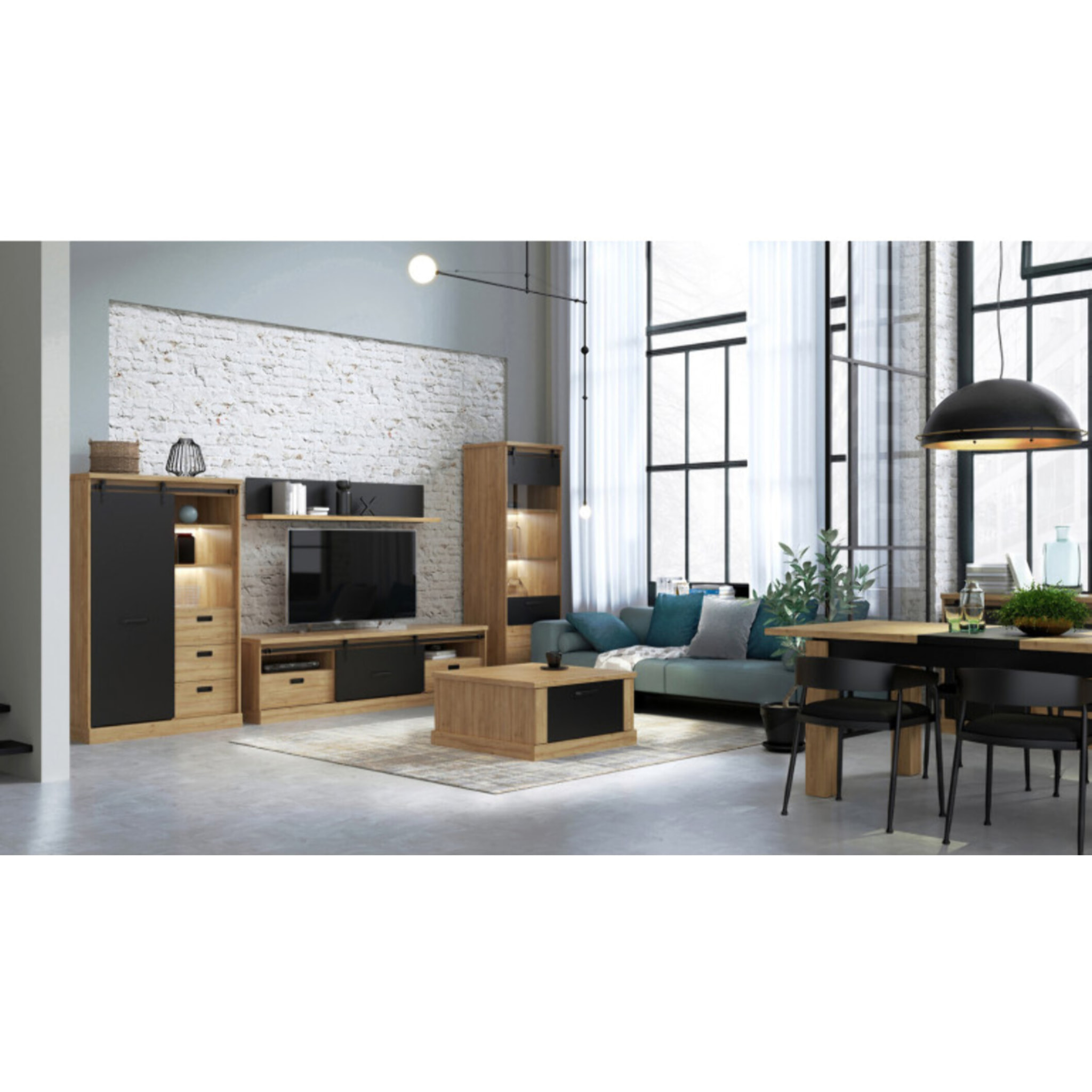 Étagère murale 160 cm en bois effet chêne & noir - FACTORY
