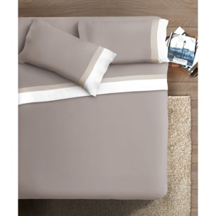 Completo letto doppia balza RASO IPERSAN Puro Cotone Bianco/Panna fondo Tortora