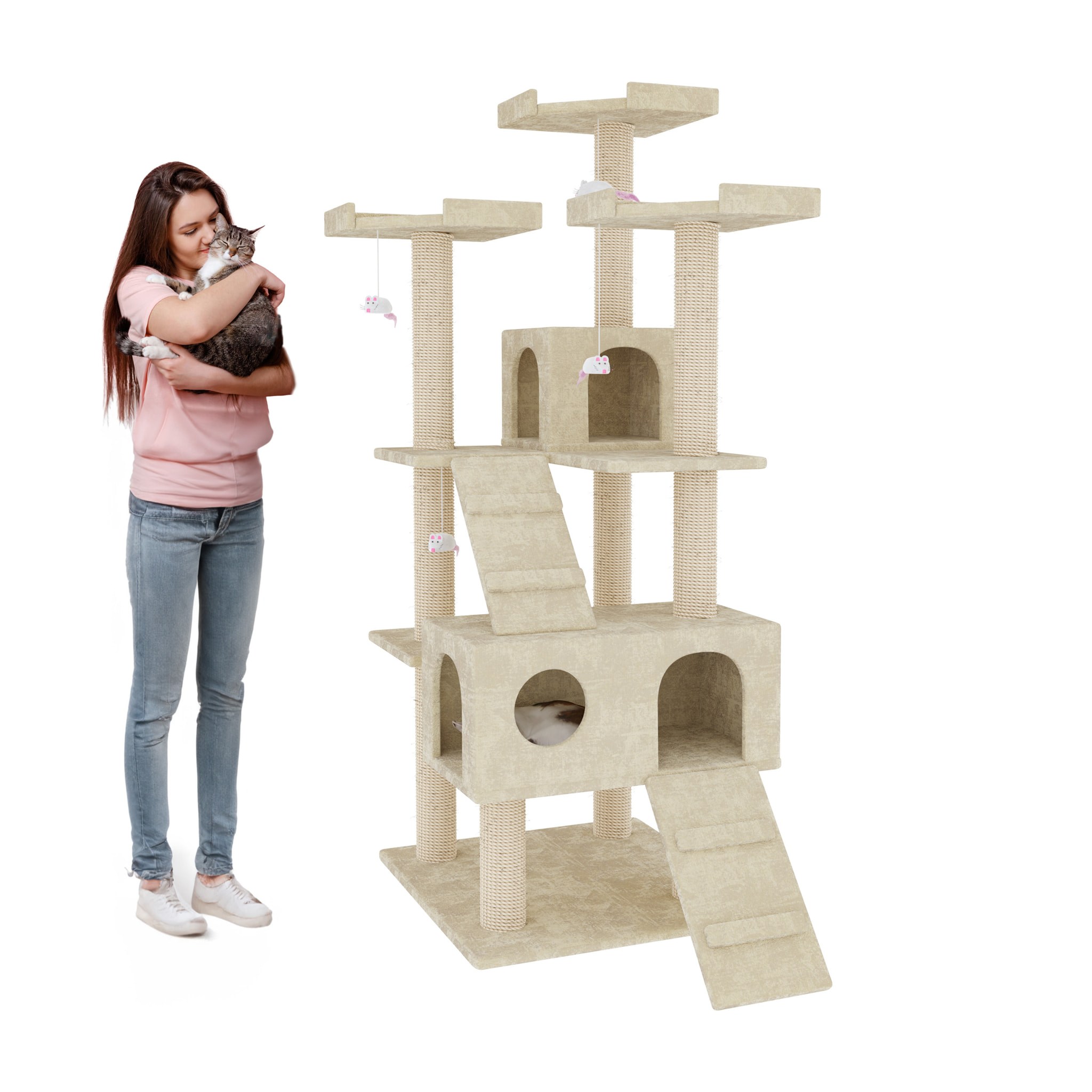 Albero per Gatto con Graffiatoio Cuccia Giocattolo Gatti Parco Giochi Tiragraffi in Sisal Naturale 183 cm