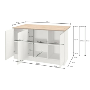 Isola da cucina Dcarnelo, Tavolo ausiliario portaoggetti, Mobile da cucina a 3 ante, 100% Made in Italy, 155x90h90 cm, Bianco lucido e Rovere