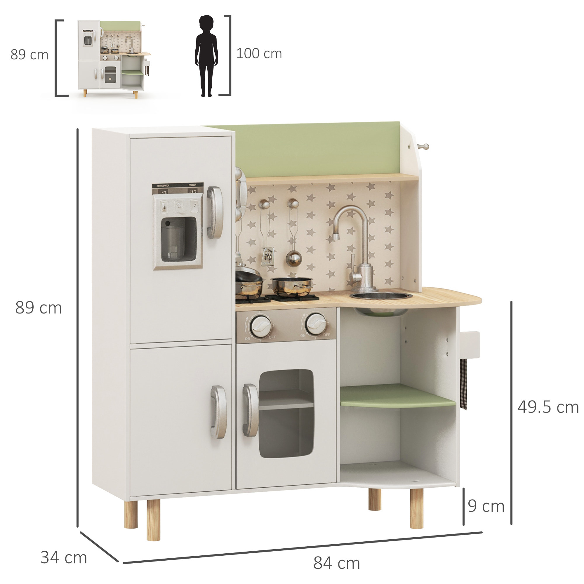 Cocina de Juguete de Madera para Niños de 3-6 Años Cocinita Infantil con Máquina de Hielo Fregadero de Acero Inoxidable Móvil Taza y Utensilios 84x34x89 cm Blanco