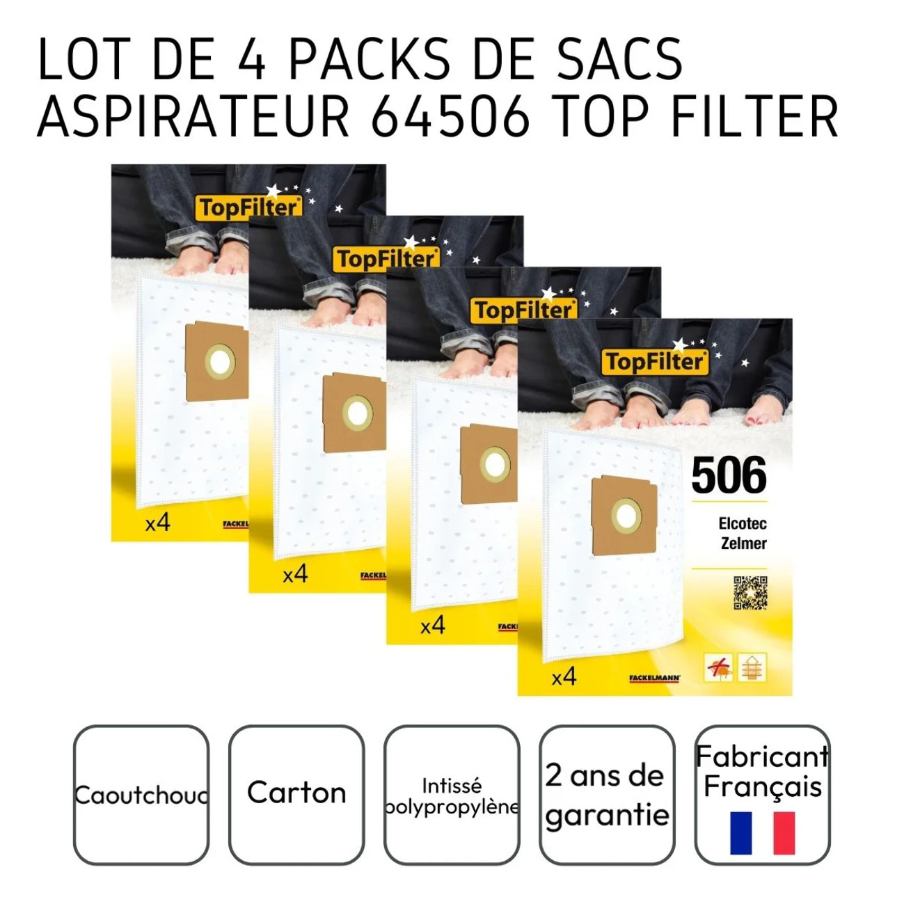 Lot de 4 packs de 4 sacs aspirateur 64506 pour Zelmer et Elcotec TopFilter Premium
