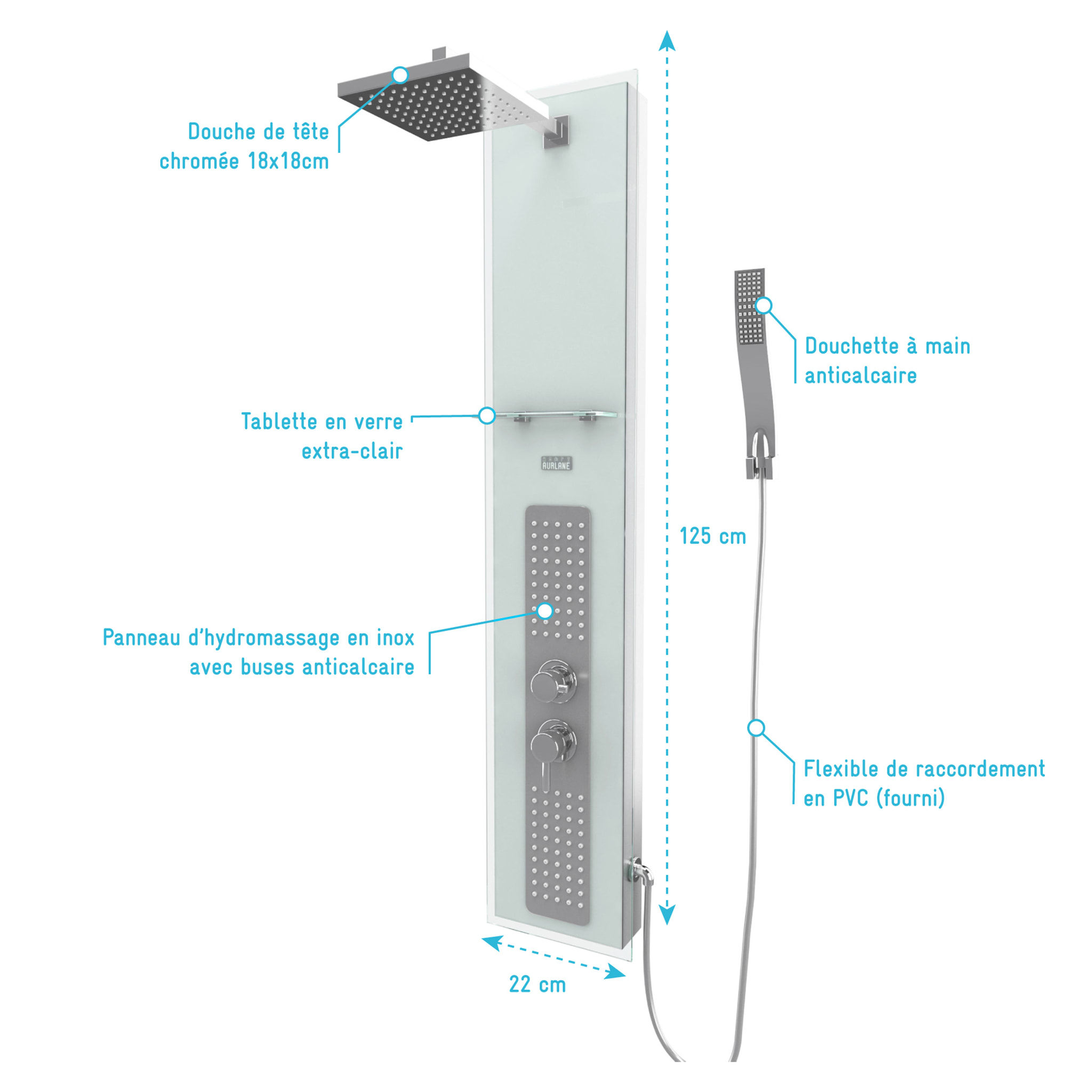 Colonne de Douche à Hydromassage 22x125cm - Verre Trempé avec plaque Inox - ALPHA WHITE