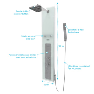 Colonne de Douche à Hydromassage 22x125cm - Verre Trempé avec plaque Inox - ALPHA WHITE