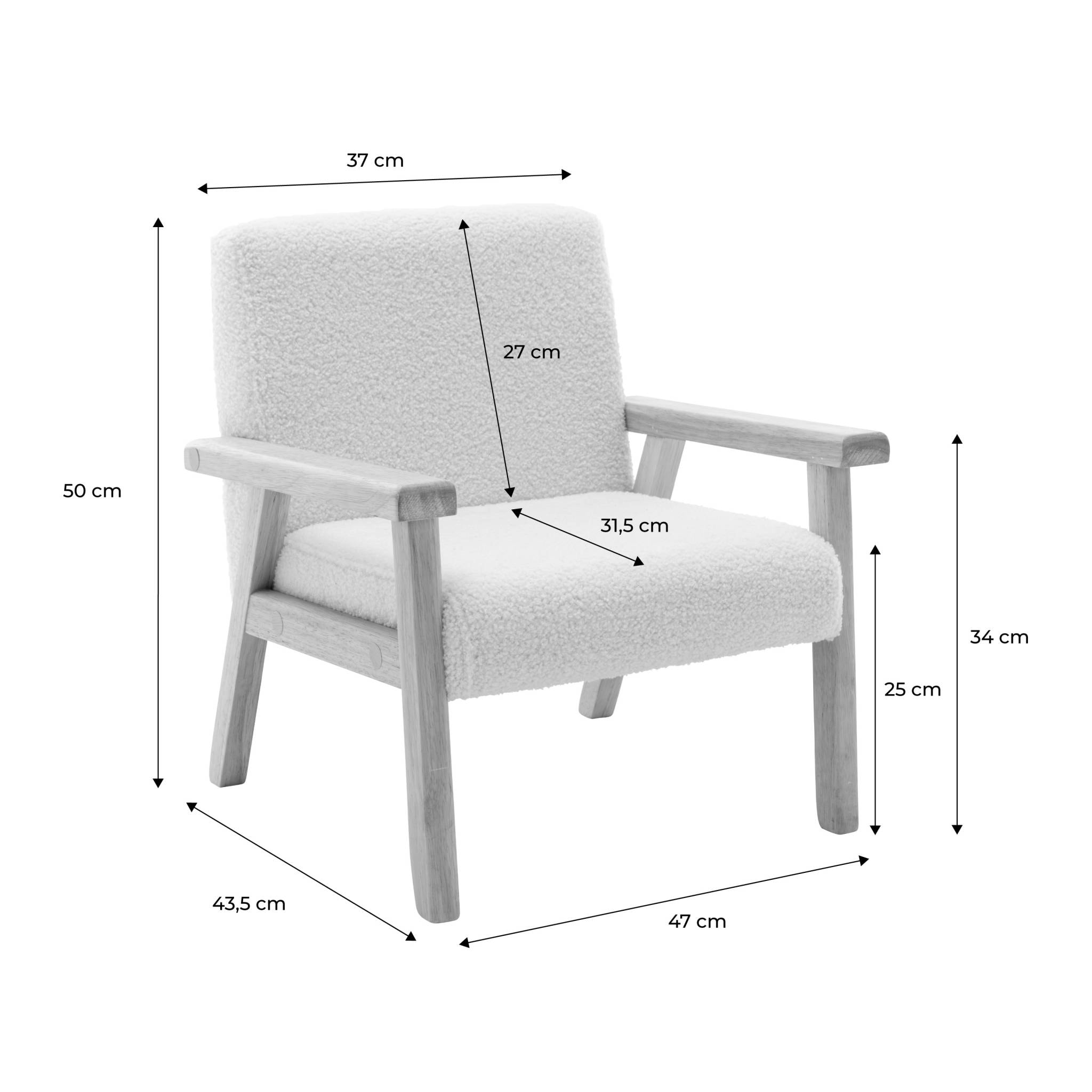 Fauteuil enfant en bois et tissu bouclette blanc. ISAK L 47 x P 43.5 x H 50cm
