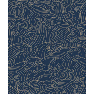 Papier peint vagues japonaises bleu nuit et or