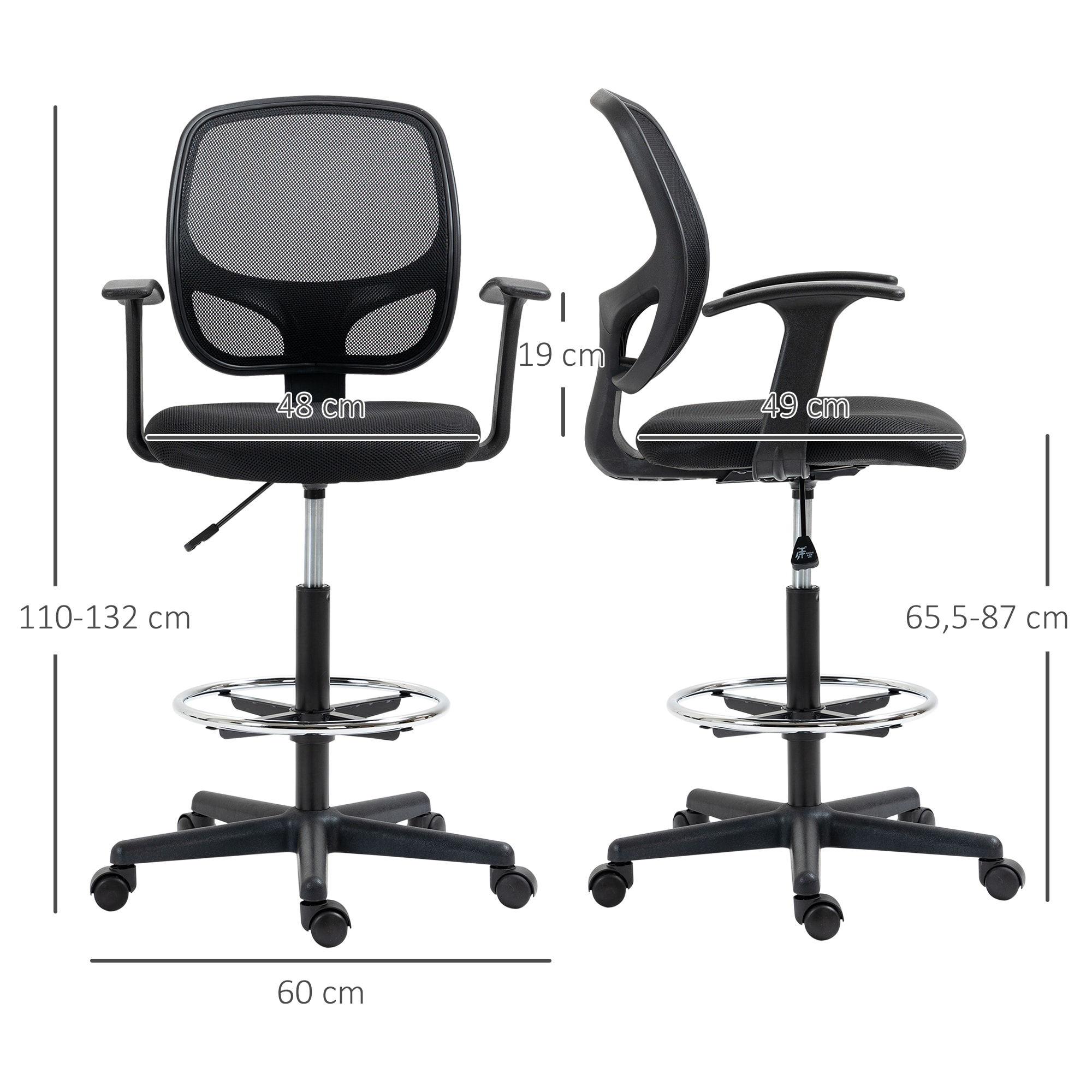 Chaise bureau ergonomique assise haute réglable 110-132cm pivotant 360° maille respirante noir