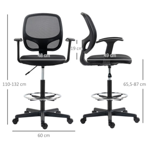 Chaise bureau ergonomique assise haute réglable 110-132cm pivotant 360° maille respirante noir