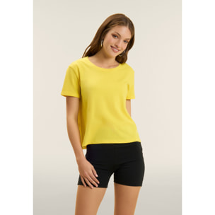 T-shirt cropped in jersey fiammato con risvolto sulle maniche