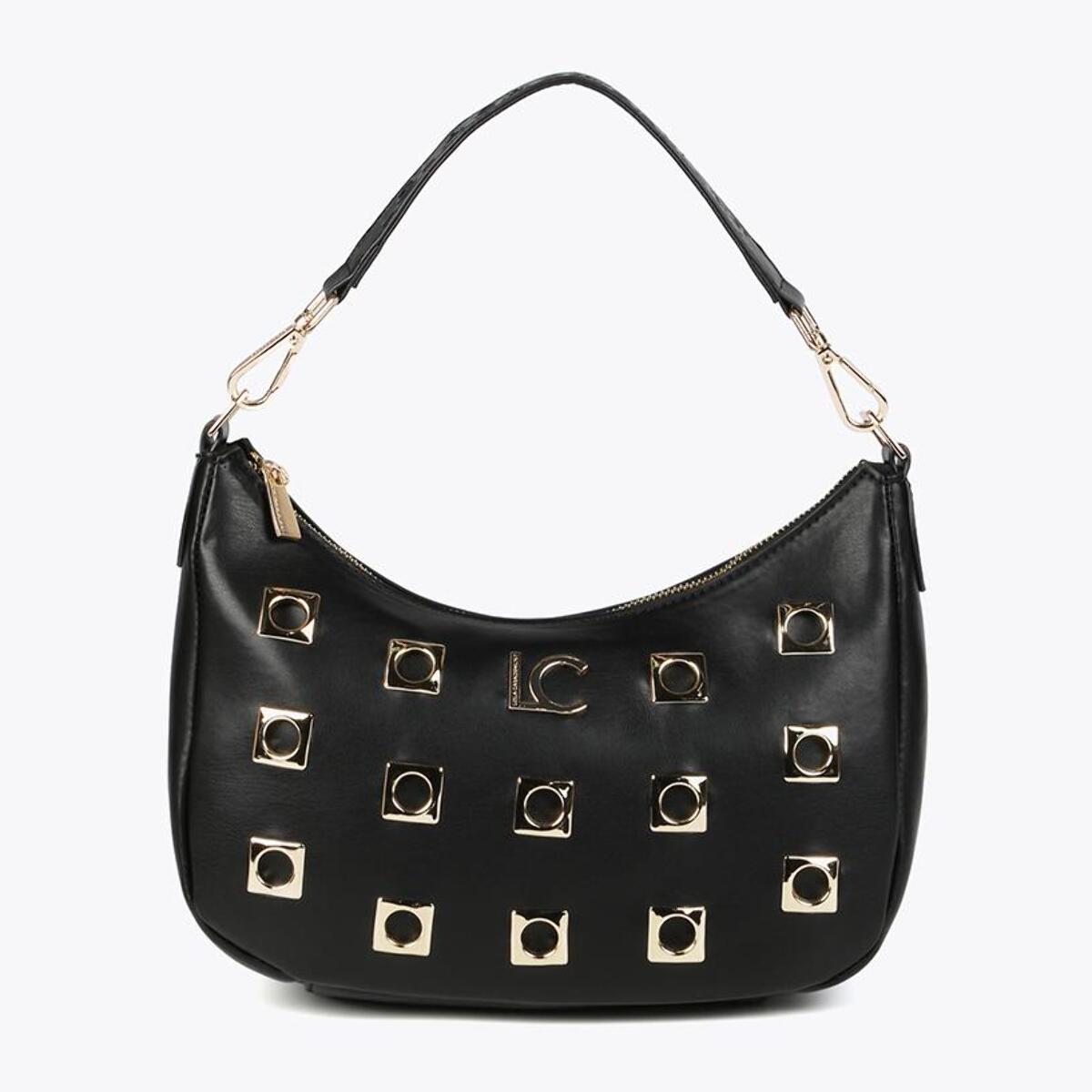 Borsa a spalla con occhielli in metallo quadrati