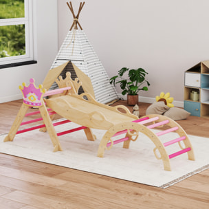 8 en 1 Triángulo de Escalada de Madera, Estructura de Escalada Montessori, Tema de Corona, con Arco y Rampa para Deslizarse o Escalar, para Niños de 18-48 Meses, Interiores, Rosa