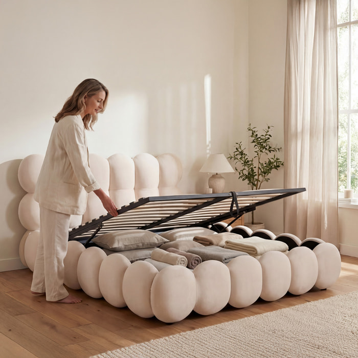Lit Coffre Velours Beige, Grand Volume de Rangement, Sommier à Lattes Inclus