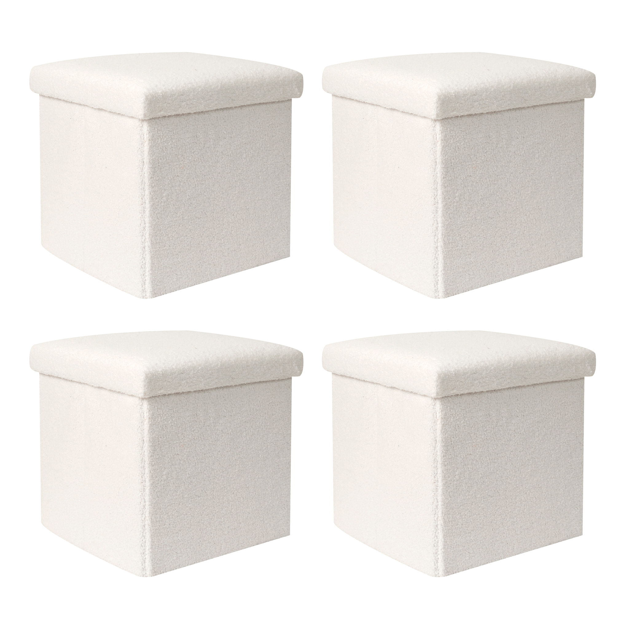Coffre Pouf Pliable Bouclette Blanc - Lot De 4