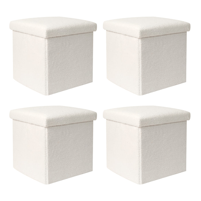 Coffre Pouf Pliable Bouclette Blanc - Lot De 4