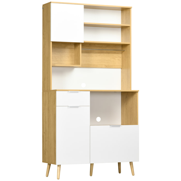 Alacena de Cocina Aparador Alto Mueble Auxiliar de Cocina con 3 Puertas Cajón Estante Ajustable Encimera para Microondas y Toallero 93x40x180 cm Natural y Blanco