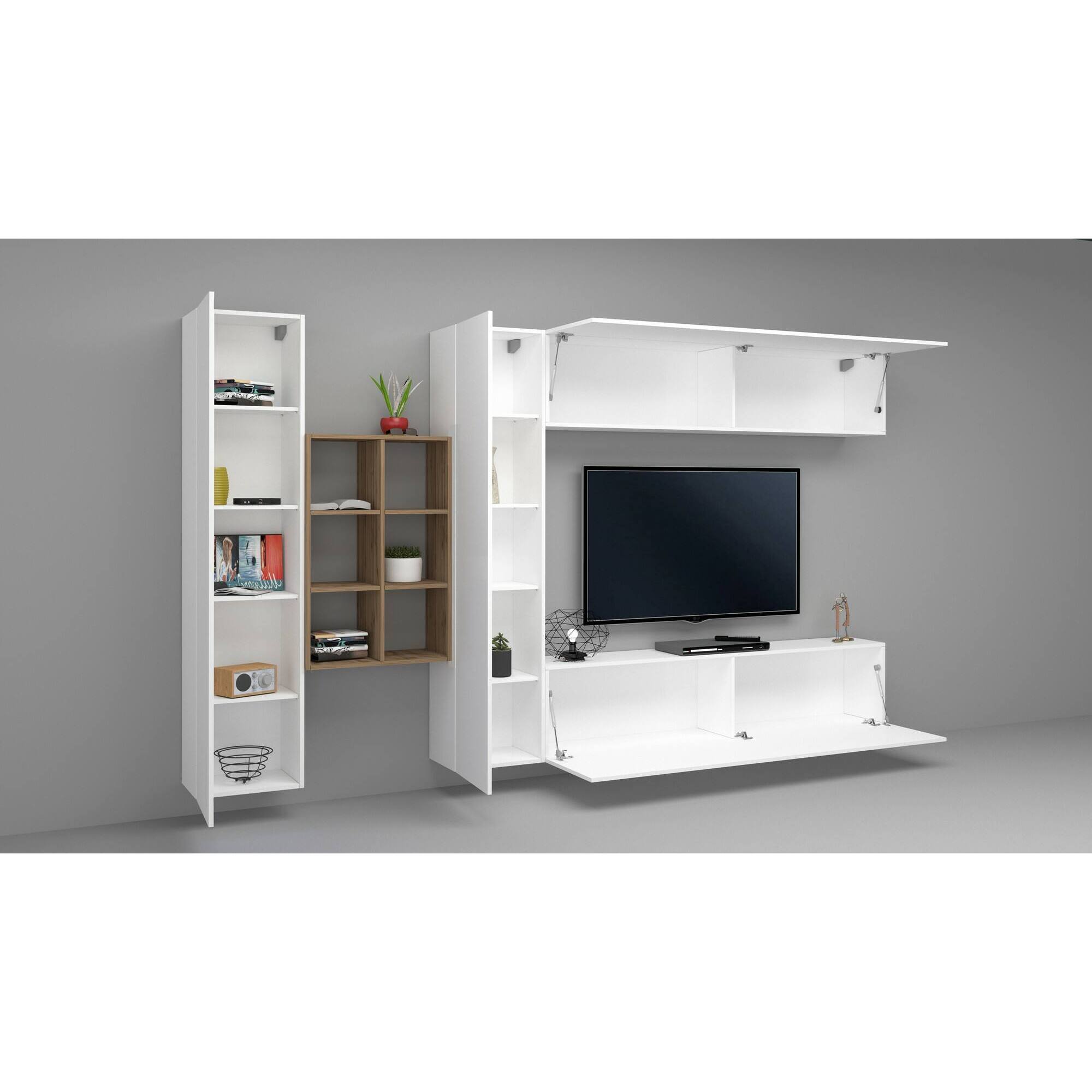 Parete attrezzata Danilo, Set salotto porta TV a 4 ante, Mobile soggiorno multiuso, 100% Made in Italy, cm 280x30h180, Bianco lucido e Acero