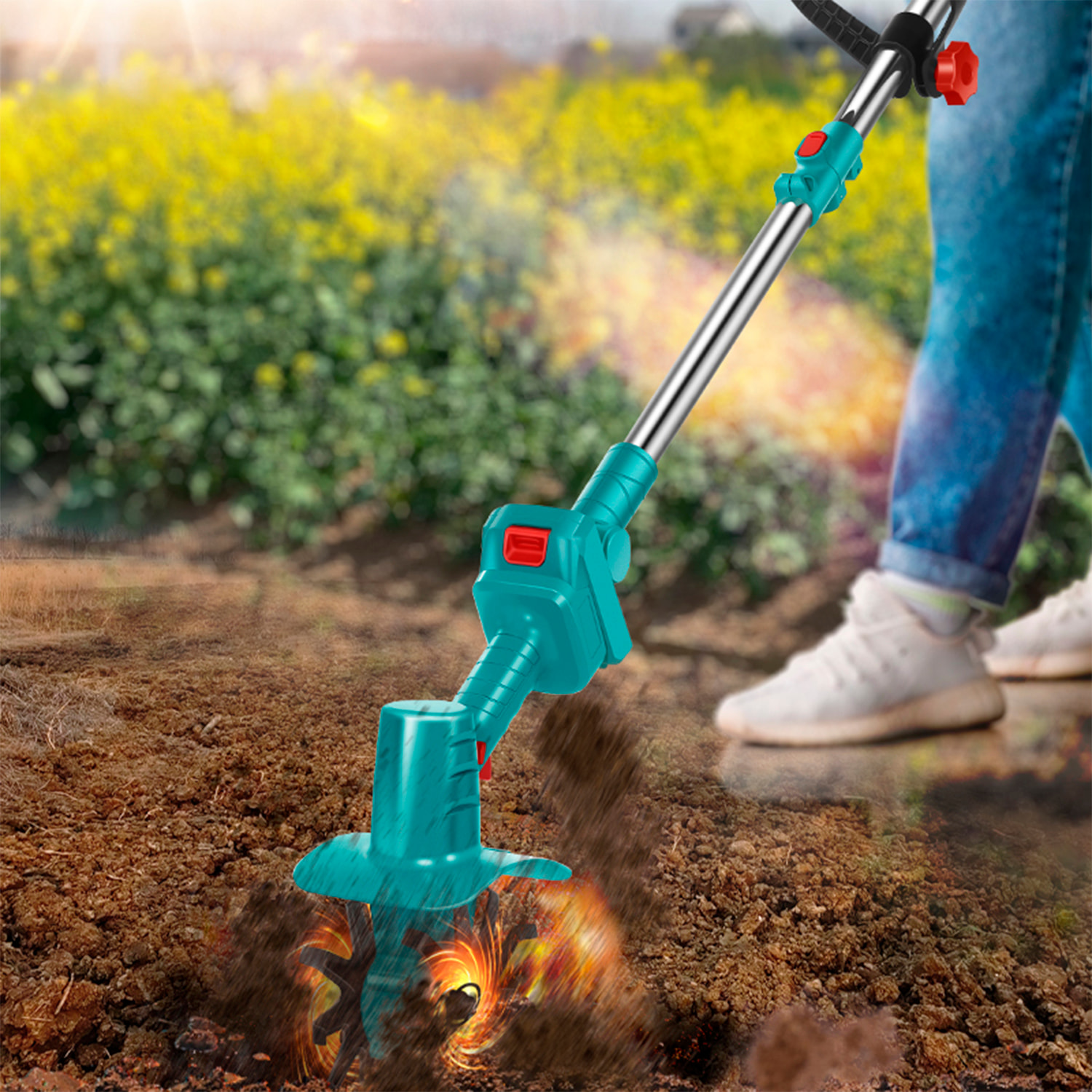 Mini cultivador eléctrico de jardín inalámbrico 21V con doble batería de 15000 mAh. Incluye mango largo y 2 pares de cuchillas.