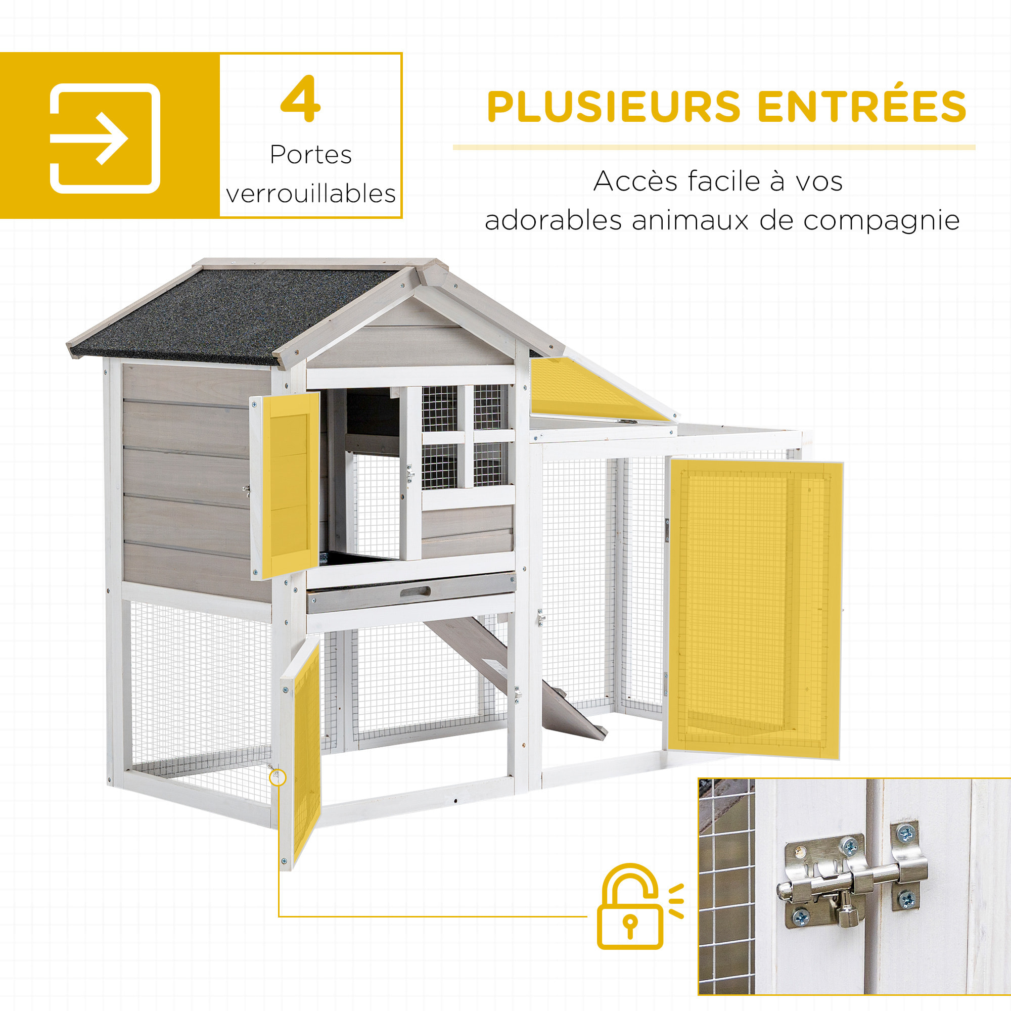 Clapier cage à lapins cottage - niche supérieure avec rampe et enclos extérieur - plateau excrément, toit bitumé, 4 portes verrouillables - bois sapin blanc gris