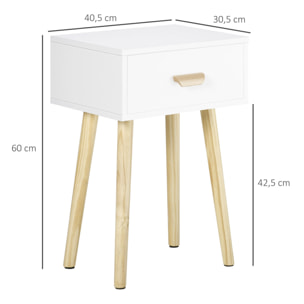 HOMCOM Juego de 2 Mesitas de Noche Mesillas de Noche con Cajón y Patas de Madera para Dormitorio Salón Cama Oficina Estilo Moderno 40,5x30,5x60 cm Blanco