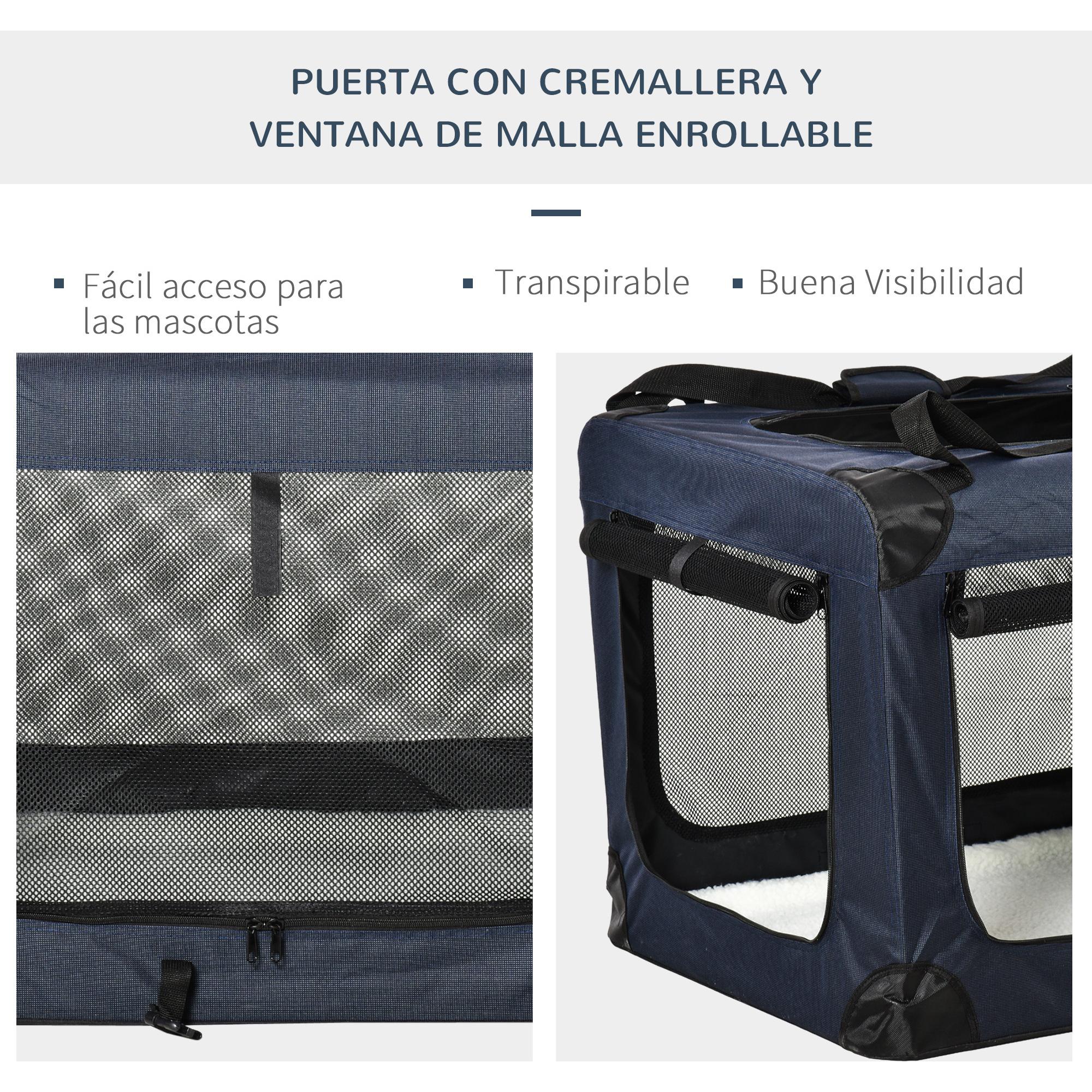 Transportín Perro Gato Bolsa de Transporte Portátil y Transpirable para Mascotas Plegable con Cojín 3 Puertas y Ventana de Malla 2 Bolsillos 80,5x57x57 cm Azul Oscuro