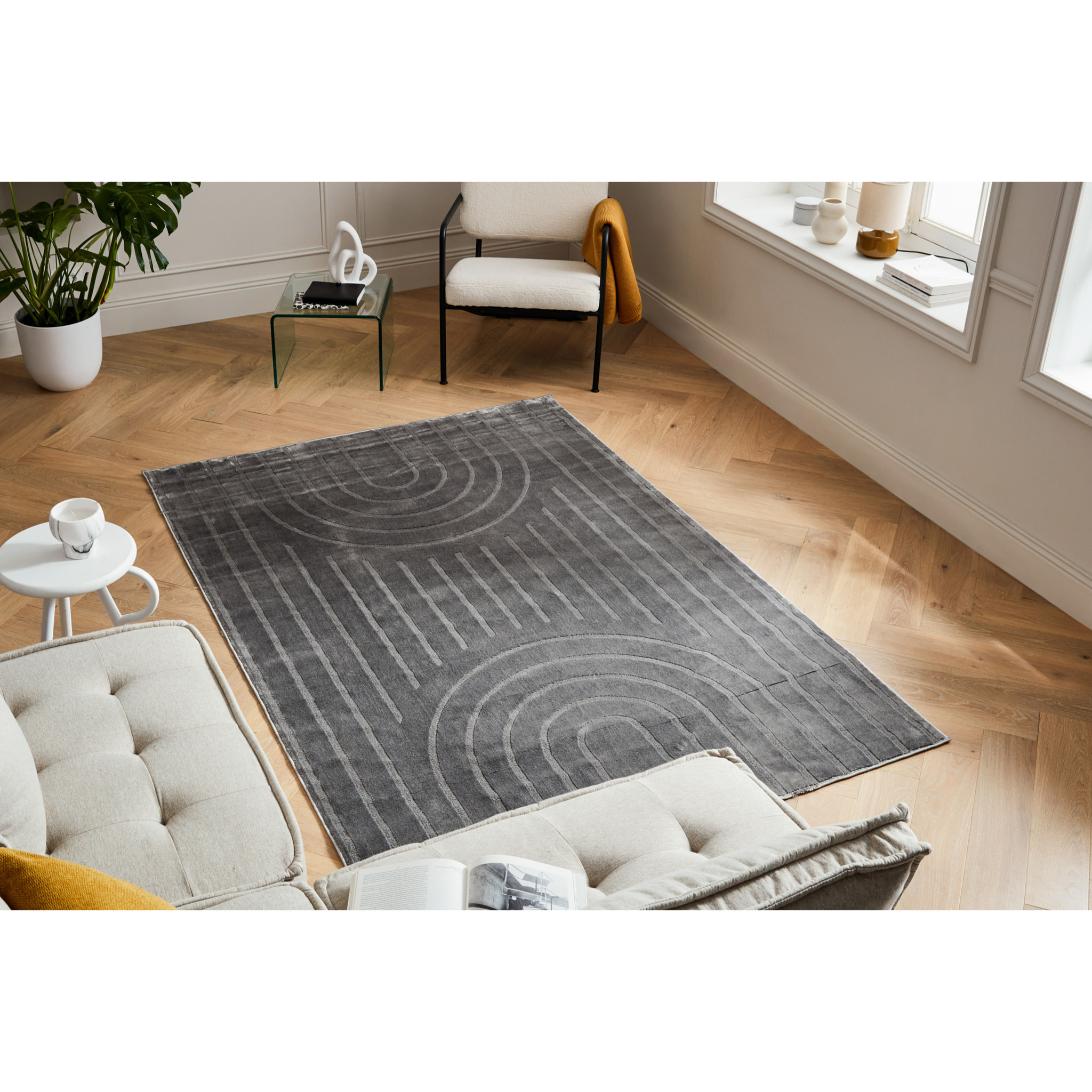 BLOOM - Tapis poils ras motif arc de cercle en relief - Gris