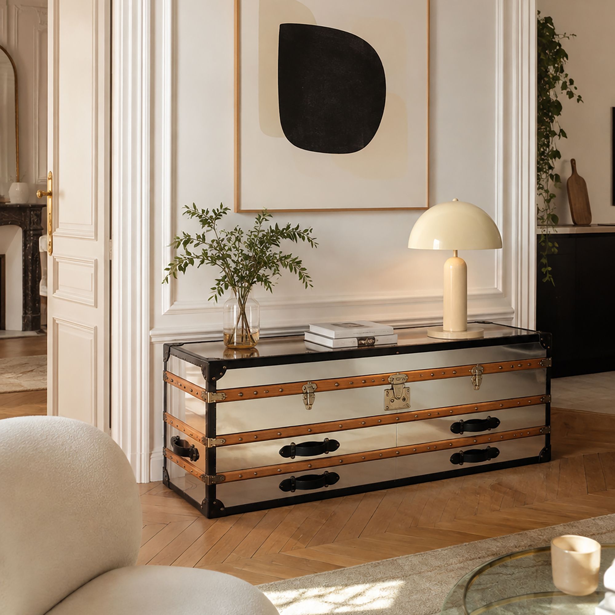 Commode basse 1 coffre 2 tiroirs en acier inoxydable et cuir ILIADE