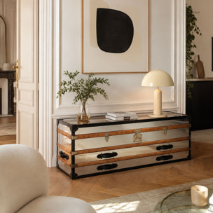 Commode basse 1 coffre 2 tiroirs en acier inoxydable et cuir ILIADE