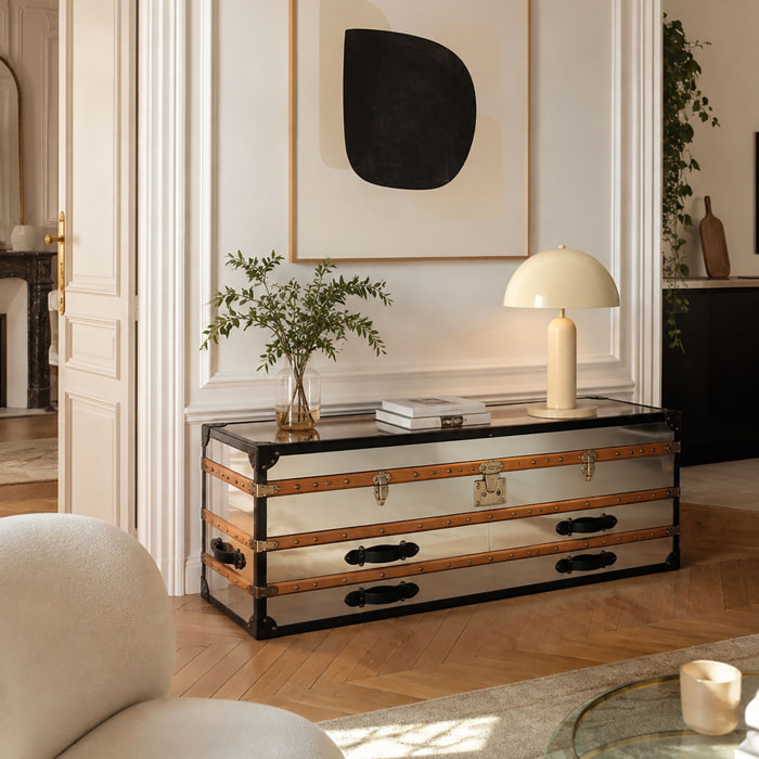 Commode basse 1 coffre 2 tiroirs en acier inoxydable et cuir ILIADE