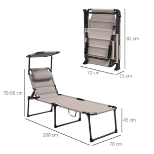 Lot de 2 bains de soleil transats pliables réglables avec pare-soleil taupe