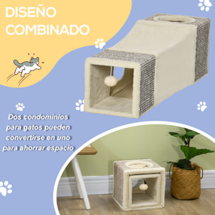 PawHut Túnel para Gatos de Interior Tubo de Juguete para Gatos Plegable con Múltiples Entradas Casetas de Sisal y Bola Colgante 98x30x30 cm Crema