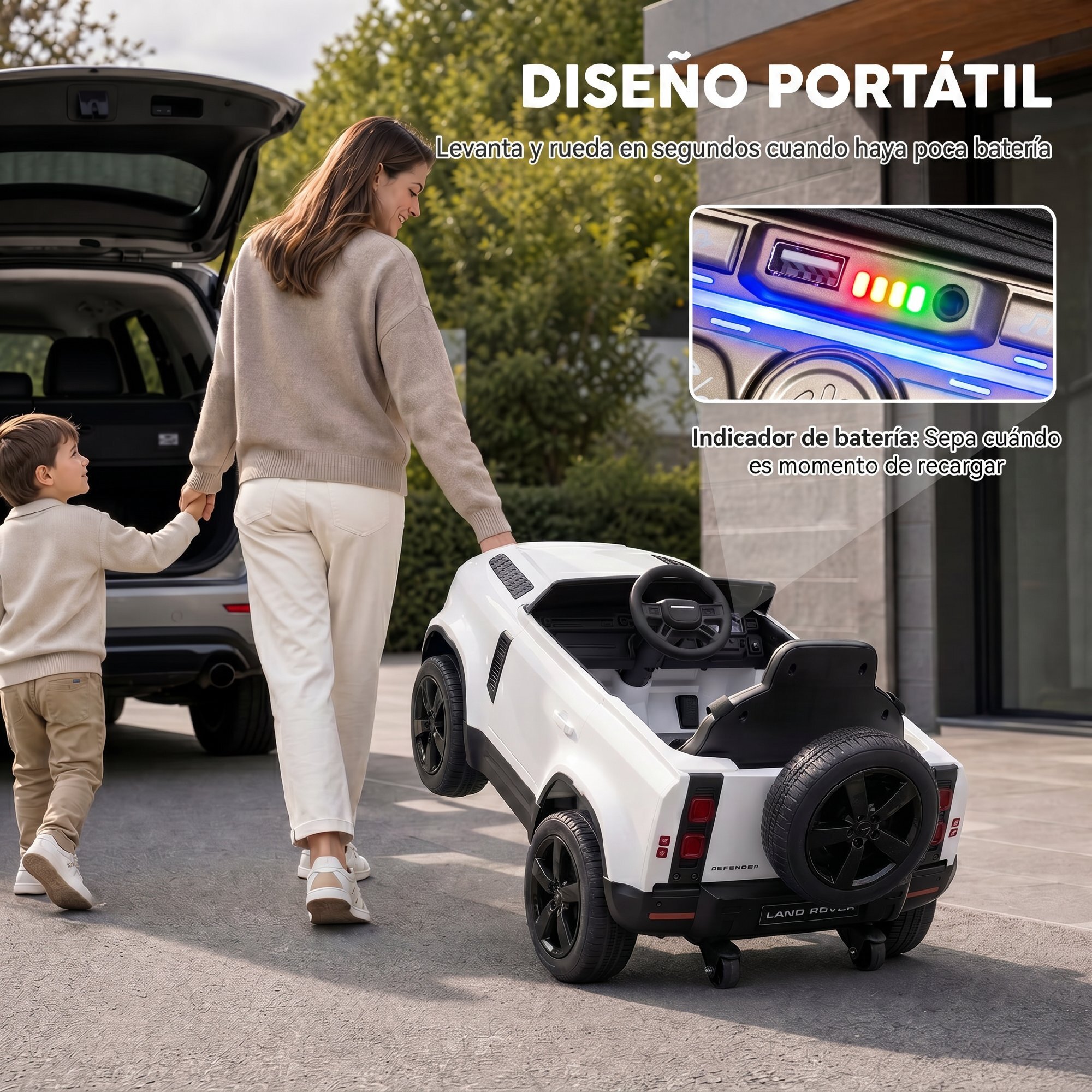 AIYAPLAY Coche Eléctrico SUV para Niños Land Rover Defender Coche de Batería 12 V Mando a Distancia 2,4G Suspensión Arranque Suave 2,7-4,5 km/h Rueda Auxiliar Luces LED Música Claxon 3-5 Años Blanco