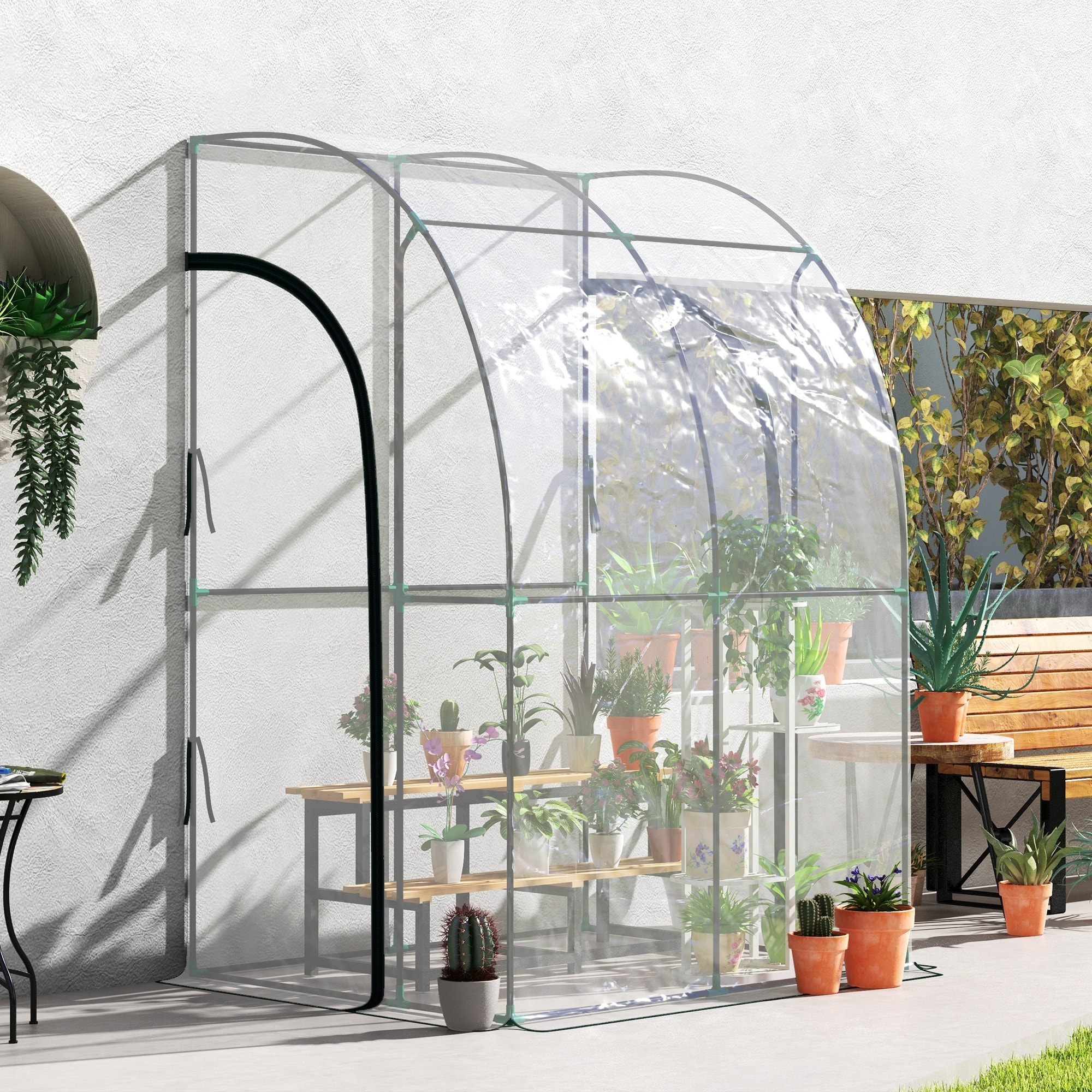 Serre de jardin adossée serre adossée dim. 1,43L x 1,18l x 2,12H m 2 portes zippées enroulables acier PVC transparent