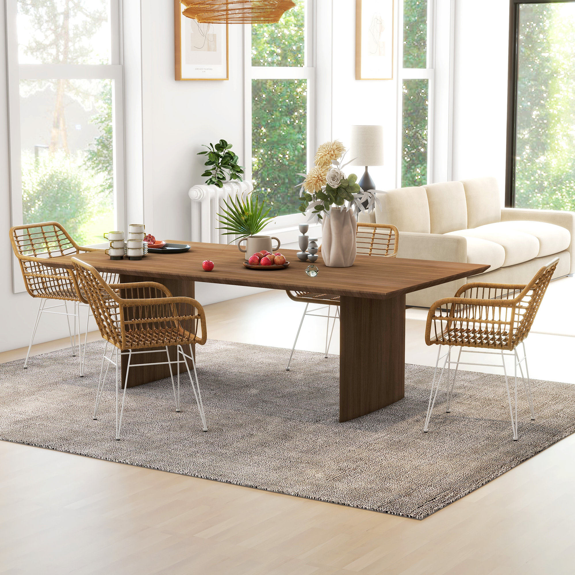Conjunto de 4 Sillas de Comedor Sillas de Cocina de Ratán PE con Patas de Acero para Salón Balcón Estilo Bohemio Carga 120 kg 56x60x79 cm Marrón
