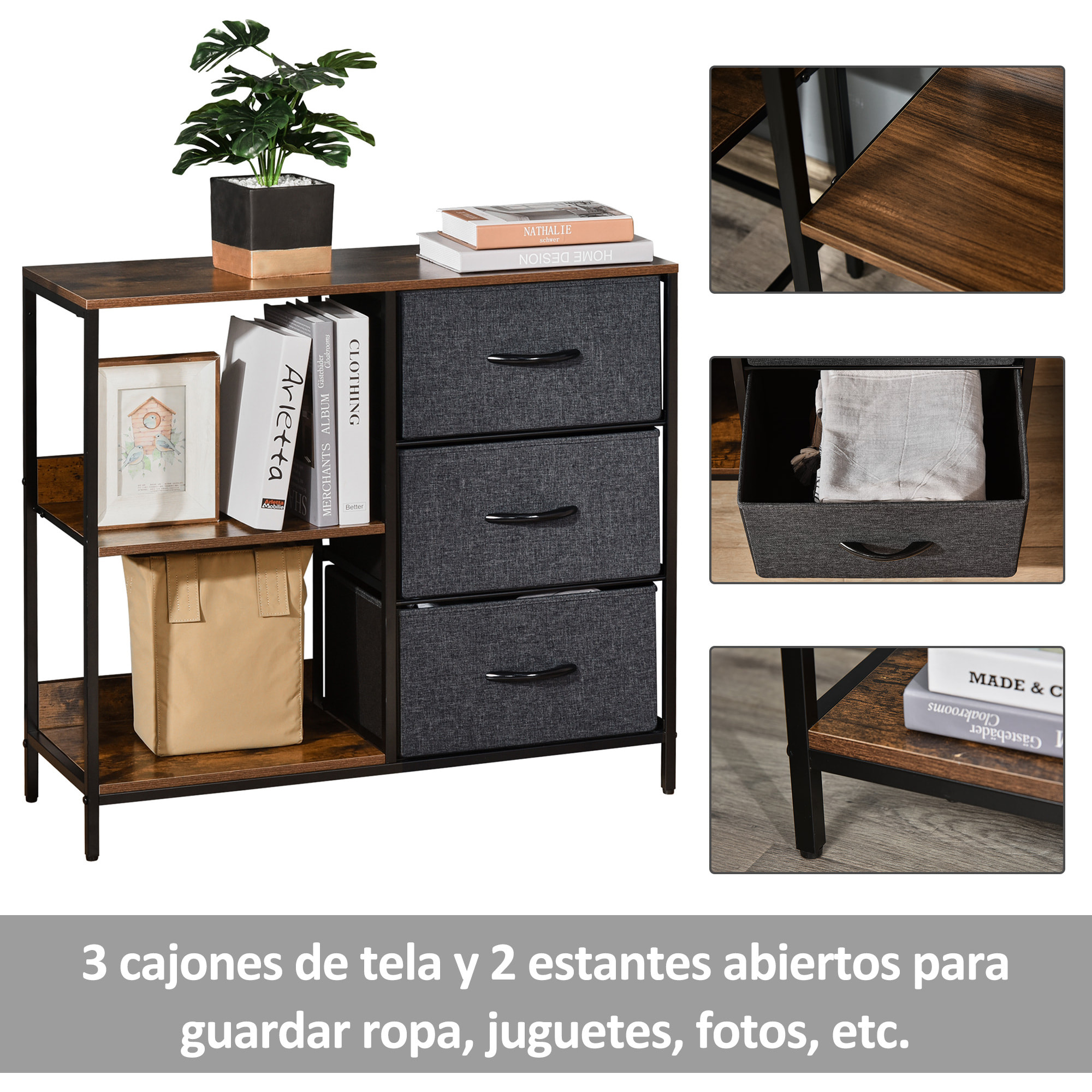 HOMCOM Cómoda Cajonera de Tela con 3 Cajones Plegables y 2 Estantes Estilo Industrial para Dormitorio Salón Pasillo 80x29x71 cm Marrón Rústico y Gris Oscuro