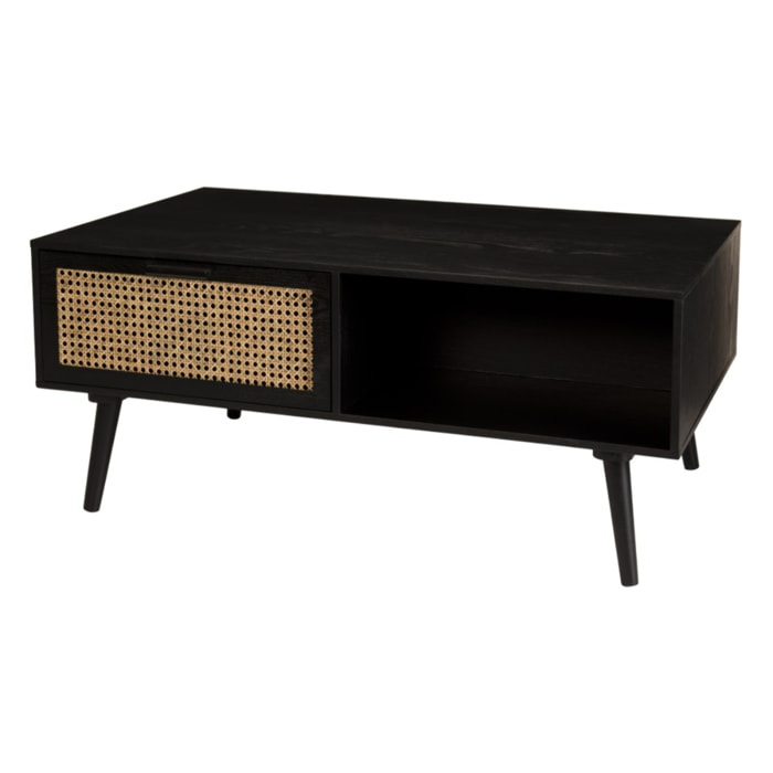 ANGELO - Table basse noire bois 2 tiroirs cannage 1 niche
