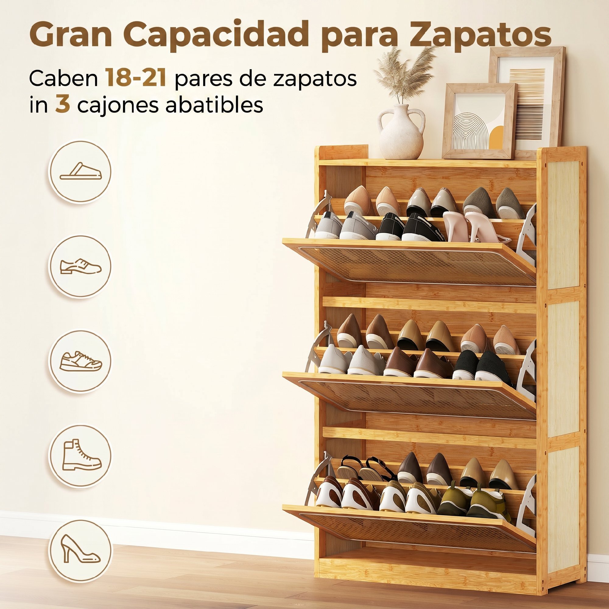 Zapatero Estrecho de Bambú con 3 Cajones Abatibles de Ratán, Mueble Zapatero Bohemio con Estantes Ajustables, para 18-21 Pares de Zapatos, para Pasillos, Entradas, 69x29x119,8 cm, Natural
