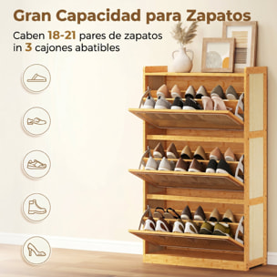 Zapatero Estrecho de Bambú con 3 Cajones Abatibles de Ratán, Mueble Zapatero Bohemio con Estantes Ajustables, para 18-21 Pares de Zapatos, para Pasillos, Entradas, 69x29x119,8 cm, Natural